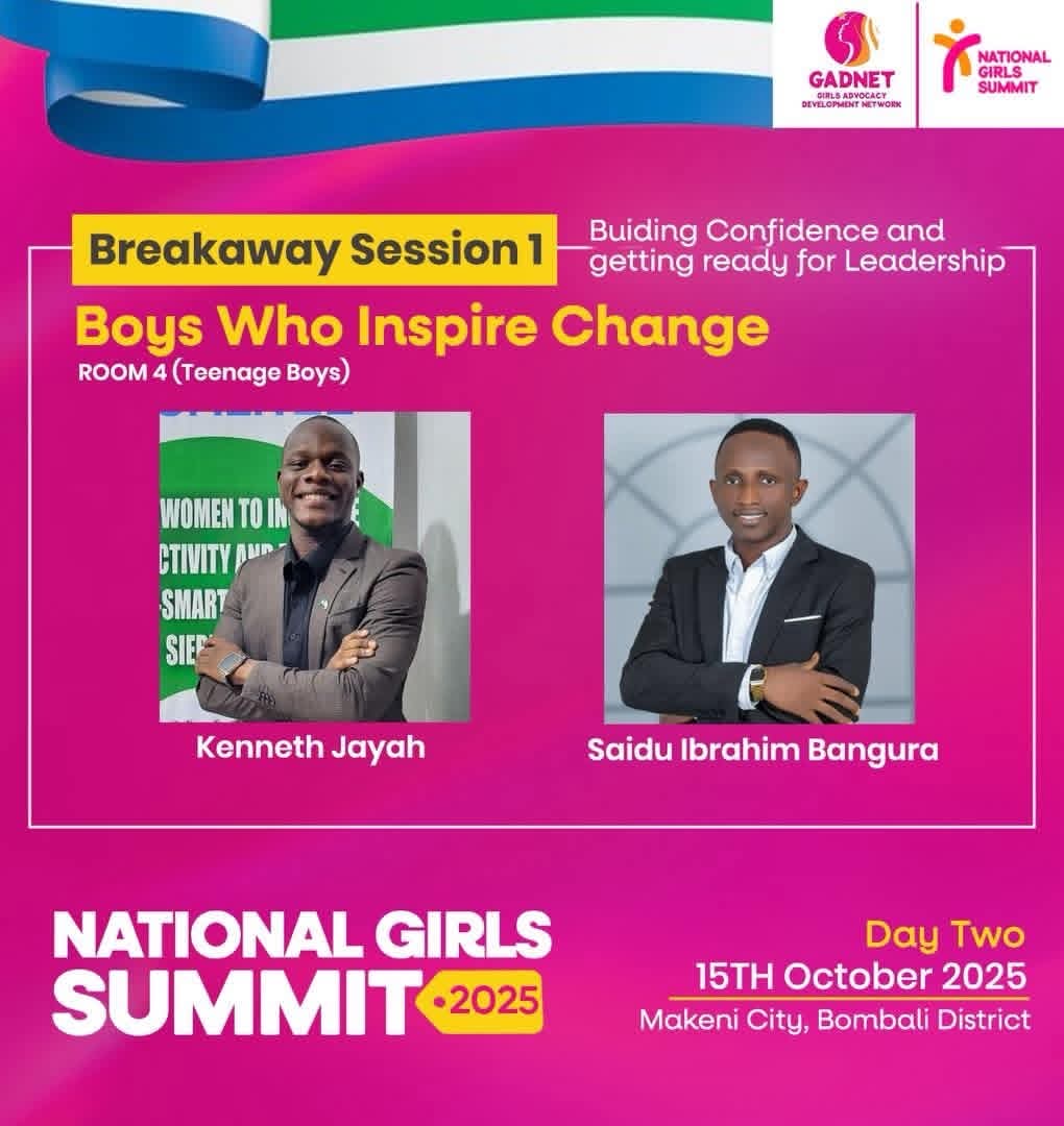 Official session graphic for Breakaway Session 1, Boys Who Inspire Change, featuring Kenneth Jayah and Saidu Ibrahim Bangura at the National Girls Summit 2025