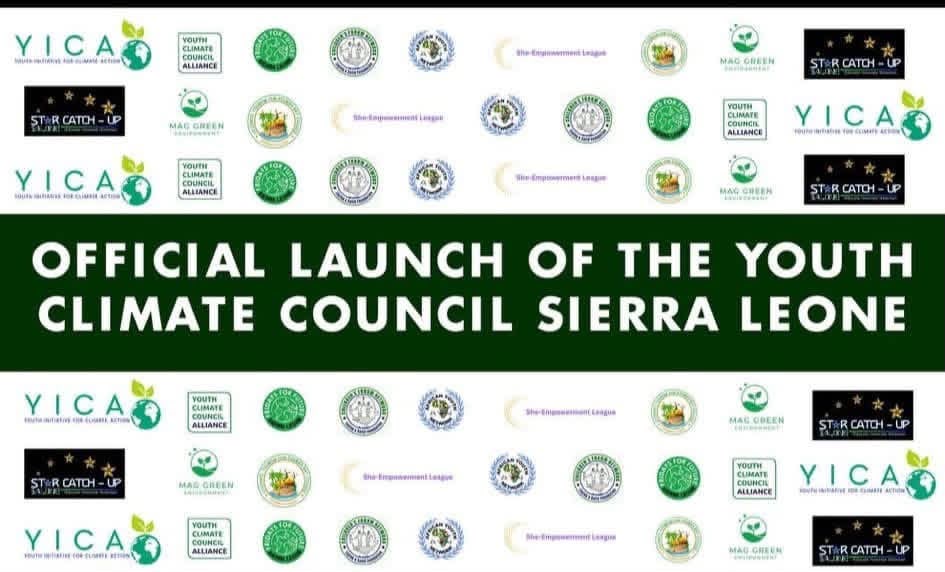 Official launch backdrop of the Youth Climate Council Sierra Leone displaying partner organization logos including the African Youth Network
